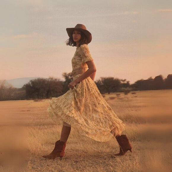 Anthropologie Mac Duggal Womens Size‎ 12 Yellow Floral Print Ruffle Midi Dress - Picture 2 of 4